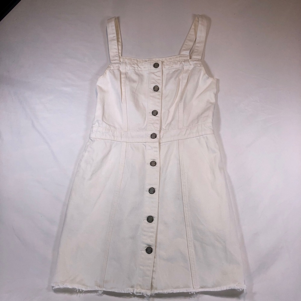 Boyish Jeans White Denim Button Front Mini Dress Frayed Hem Pinafore